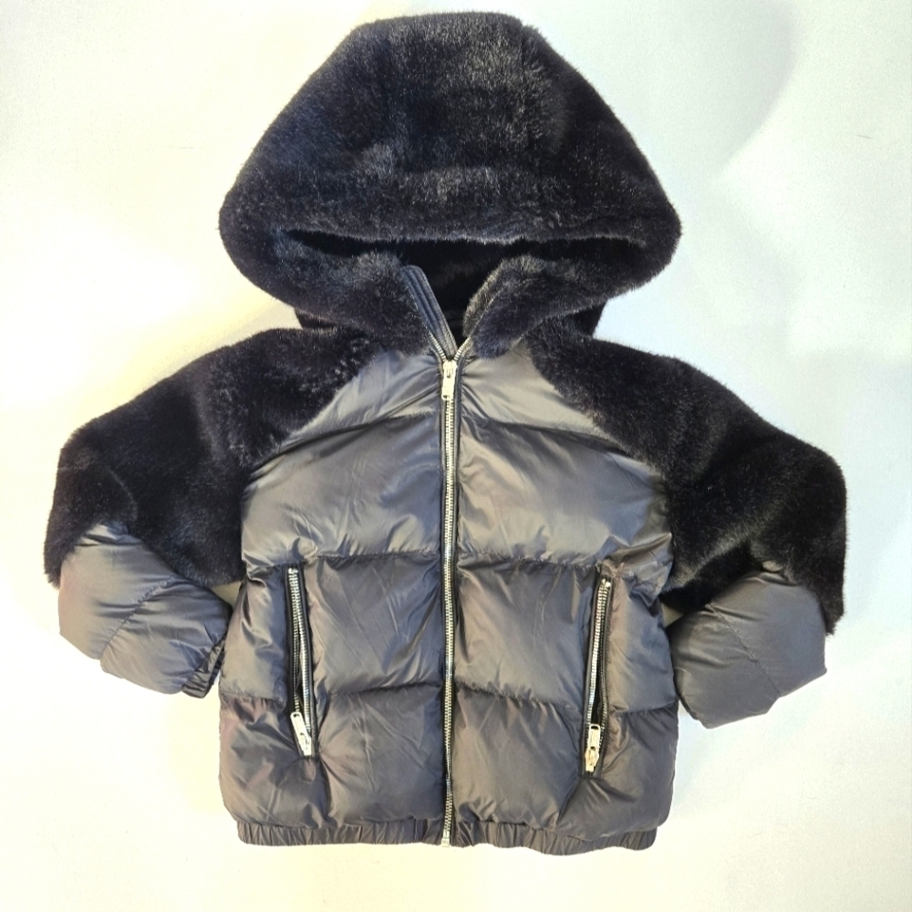 Bomboogie Kids Black Puffer Jacket with Faux Fur hood/arms sz 8